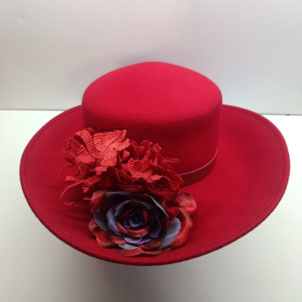 August Women's Red w/ Purple Flower 100% Wool Fashion Hat RN 80934